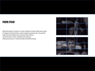 PRIMI PIANI


Nel primo piano il mento e il naso si devono trovare nella zona aurea
(o lungo una linea di forza, come in genere avviene per i tre quarti)
e gli occhi coincidono con la prima linea di forza,
nei primi piani “vicini” però gli occhi entrano
nella zona aurea e il mento scende nell’ultima fascia.
 