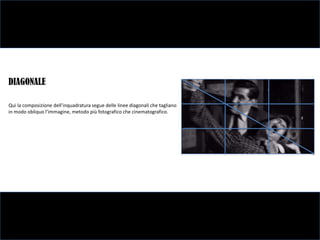DIAGONALE

Qui la composizione dell’inquadratura segue delle linee diagonali che tagliano
in modo obliquo l’immagine, metodo più fotografico che cinematografico.
 