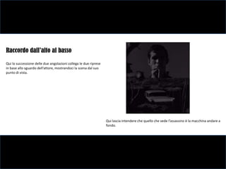 Raccordo dall’alto al basso
Qui la successione delle due angolazioni collega le due riprese
in base allo sguardo dell’attore, mostrandoci la scena dal suo
punto di vista.




                                                                  Qui lascia intendere che quello che vede l’assassino è la macchina andare a
                                                                  fondo.
 