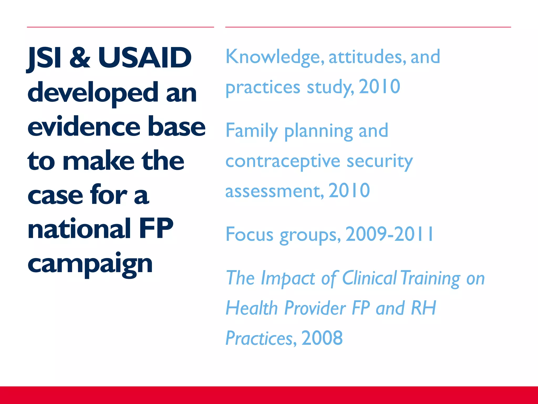 JSI & USAID
developed an
evidence base
to make the
case for a
national FP
campaign
​Knowledge, attitudes, and
practices study, 2010
​Family planning and
contraceptive security
assessment, 2010
​Focus groups, 2009-2011
​The Impact of ClinicalTraining on
Health Provider FP and RH
Practices, 2008
 