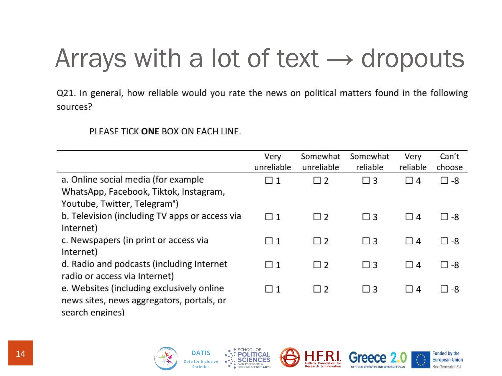 Arrays with a lot of text → dropouts
14
 