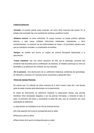 25
CONCECUENCIAS
-Corazón: el corazón pierde masa muscular, así como otros músculos del cuerpo. En el
estado más avanzado hay una insuficiencia cardíaca y posterior muerte.
-Sistema inmune: se torna ineficiente. El cuerpo humano no puede producir glóbulos
blancos, y esto causa múltiples infecciones intestinales, respiratorias, y otros
acontecimientos. La duración de las enfermedades es mayor y el pronóstico siempre peor
que en individuos normales. La cicatrización se lentifica.
-Sangre: es posible que ocurra un cuadro de anemia ferropenia relacionada a la
desnutrición.
-Tracto intestinal: hay una menor secreción de HCL por el estómago, tornando ese
ambiente más favorable para la proliferación de bacterias. El intestino disminuye su ritmo de
peristáltico y su absorción de nutriente. es muy reducido.
-En la persona:. Una disminución de su coeficiente intelectual, problemas de aprendizaje,
de retención y memoria. En menores menor crecimiento y desarrollo físico.
TIPOS DE DESNUTRICION:
Se calcula que 7,6 millones de niños menores de 5 años mueren cada año. Una tercera
parte de estas muertes está relacionada con la desnutrición.
El índice de desnutrición se determina mediante la observación directa, que permite
identificar niños demasiado delgados o con las piernas hinchadas; y midiendo la talla, el
peso, el perímetro del brazo y conociendo la edad del niño, que se comparan con unos
estándares de referencia.
La desnutrición se manifiesta en el niño de diversas formas:
●Es más pequeño de lo que le corresponde para su edad.
●Pesa poco para su altura.
●Pesa menos de lo que le corresponde para su edad.
 