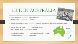 LIFE IN AUSTRALIA
• Most dangerous special prisions
Well behaved worked
• If they cause more troubles Norkfolk Island, Port Macquarie and Moreton Bay.
• Female convicts work domestic serves
Male convicts work at country
• Conditional pardons not return England or Ireland
• Absolute pardons can return
 
