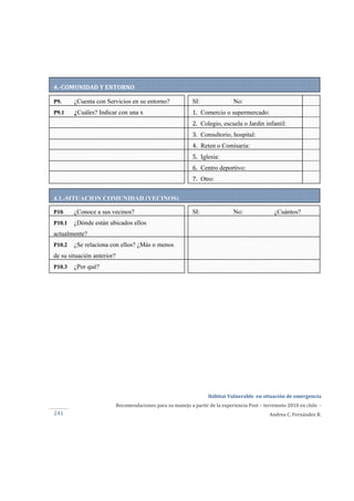  
Hábitat Vulnerable  en situación de emergencia  
Recomendaciones para su manejo a partir de la experiencia Post – terremoto 2010 en chile  ‐ 
Andrea C. Fernández R. 241 
4.1.-SITUACION COMUNIDAD (VECINOS)
P10. ¿Conoce a sus vecinos?
P10.1 ¿Dónde están ubicados ellos
actualmente?
P10.2 ¿Se relaciona con ellos? ¿Más o menos
de su situación anterior?
P10.3 ¿Por qué?
SI: No: ¿Cuántos?
4.­COMUNIDAD Y ENTORNO 
P9. ¿Cuenta con Servicios en su entorno?
P9.1 ¿Cuáles? Indicar con una x
 
SI: No:
1. Comercio o supermercado:
2. Colegio, escuela o Jardín infantil:
3. Consultorio, hospital:
4. Reten o Comisaria:
5. Iglesia:
6. Centro deportivo:
7. Otro:
 