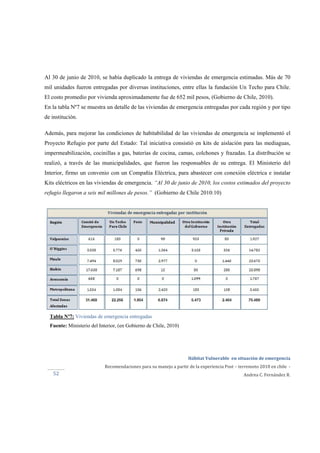  
Hábitat Vulnerable  en situación de emergencia  
Recomendaciones para su manejo a partir de la experiencia Post – terremoto 2010 en chile  ‐ 
Andrea C. Fernández R.52 
Tabla Nº7: Viviendas de emergencia entregadas
Fuente: Ministerio del Interior, (en Gobierno de Chile, 2010)
Al 30 de junio de 2010, se había duplicado la entrega de viviendas de emergencia estimadas. Más de 70
mil unidades fueron entregadas por diversas instituciones, entre ellas la fundación Un Techo para Chile.
El costo promedio por vivienda aproximadamente fue de 652 mil pesos, (Gobierno de Chile, 2010).
En la tabla Nº7 se muestra un detalle de las viviendas de emergencia entregadas por cada región y por tipo
de institución.
Además, para mejorar las condiciones de habitabilidad de las viviendas de emergencia se implementó el
Proyecto Refugio por parte del Estado: Tal iniciativa consistió en kits de aislación para las mediaguas,
impermeabilización, cocinillas a gas, baterías de cocina, camas, colchones y frazadas. La distribución se
realizó, a través de las municipalidades, que fueron las responsables de su entrega. El Ministerio del
Interior, firmo un convenio con un Compañía Eléctrica, para abastecer con conexión eléctrica e instalar
Kits eléctricos en las viviendas de emergencia. “Al 30 de junio de 2010, los costos estimados del proyecto
refugio llegaron a seis mil millones de pesos.” (Gobierno de Chile 2010:10)
 
