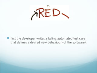 RED
first the developer writes a failing automated test case
that defines a desired new behaviour (of the software),
 