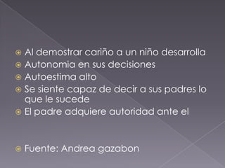 Al demostrar cariño a un niño desarrolla Autonomia en sus decisionesAutoestima altoSe siente capaz de decir a sus padres lo que le sucedeEl padre adquiere autoridad ante elFuente: Andrea gazabon