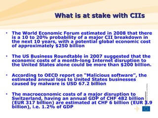 What is at stake with CIIs <ul><li>The World Economic Forum estimated in 2008 that there is a 10 to 20% probability of a m...