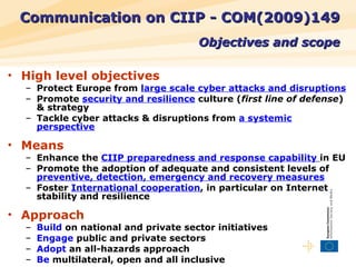 Communication on CIIP -  COM(2009)149   Objectives and scope <ul><li>High level objectives </li></ul><ul><ul><li>Protect E...