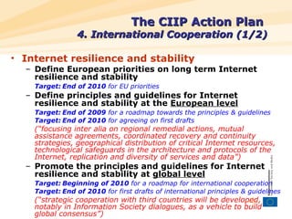 The CIIP Action Plan     4. International Cooperation (1/2) <ul><li>Internet resilience and stability </li></ul><ul><ul><l...