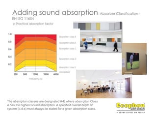 Adding sound absorption Absorber Classification -
EN ISO 11654
The absorption classes are designated A-E where absorption Class
A has the highest sound absorption. A specified overall depth of
system (o.d.s) must always be stated for a given absorption class.
 