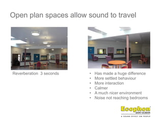 Open plan spaces allow sound to travel
Reverberation 3 seconds • Has made a huge difference
• More settled behaviour
• More interaction
• Calmer
• A much nicer environment
• Noise not reaching bedrooms
 