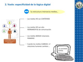 2. Vuelo: especificidad de la lógica digital


                            Su estructura intersecta medios…


                    •   Los medios NO son CONTENIDO




                    •   Los medios NO son sólo
                        HERRAMIENTAS de comunicación


                    •   Los medios MEDIAN relaciones
                        HUMANAS


                    •   Cuando los medios CAMBIAN, las
                        relaciones humanas cambian...
                                                           …la sociedad
                                                           cambia
 