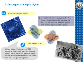 1. Despegue: a la lógica digital


    ¿Qué es la lógica digital?

                                              El ordenamiento dinámico, que resulta de la
                                                 interacción del usuario, las técnicas, las
                                                 prácticas, las actitudes y valores que se
                                                 desarrollan a la par del ciberespacio.
                                 GE
                                    O
                                 PO GR
                                   SI AF
                                      BL Í A
                                        E
                                                             E VA A
                                                                  R
                                                          NU TE
                                                             ON
                                                          FR
                             ¿y el ciberespacio?


William Gibson (Neuromancer: 1984)
propone al universo de las redes digitales
como la nueva frontera económica, social y
cultural. Por primera vez la información es
vista como una geografía posible.
 
