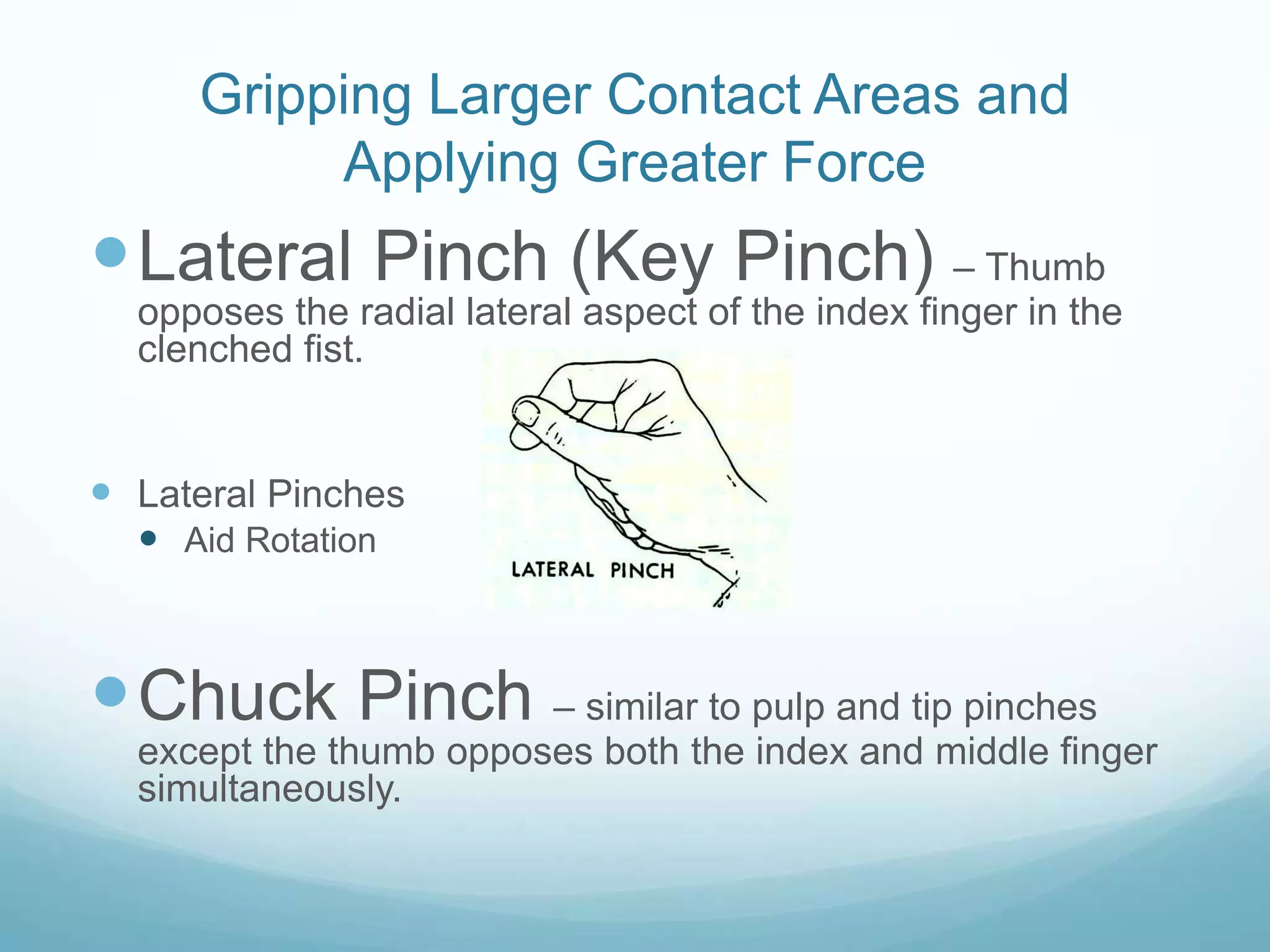 Gripping Larger Contact Areas and
          Applying Greater Force
 Lateral Pinch (Key Pinch) – Thumb
  opposes the radial lateral aspect of the index finger in the
  clenched fist.


 Lateral Pinches
   Aid Rotation



 Chuck Pinch – similar to pulp and tip pinches
  except the thumb opposes both the index and middle finger
  simultaneously.
 