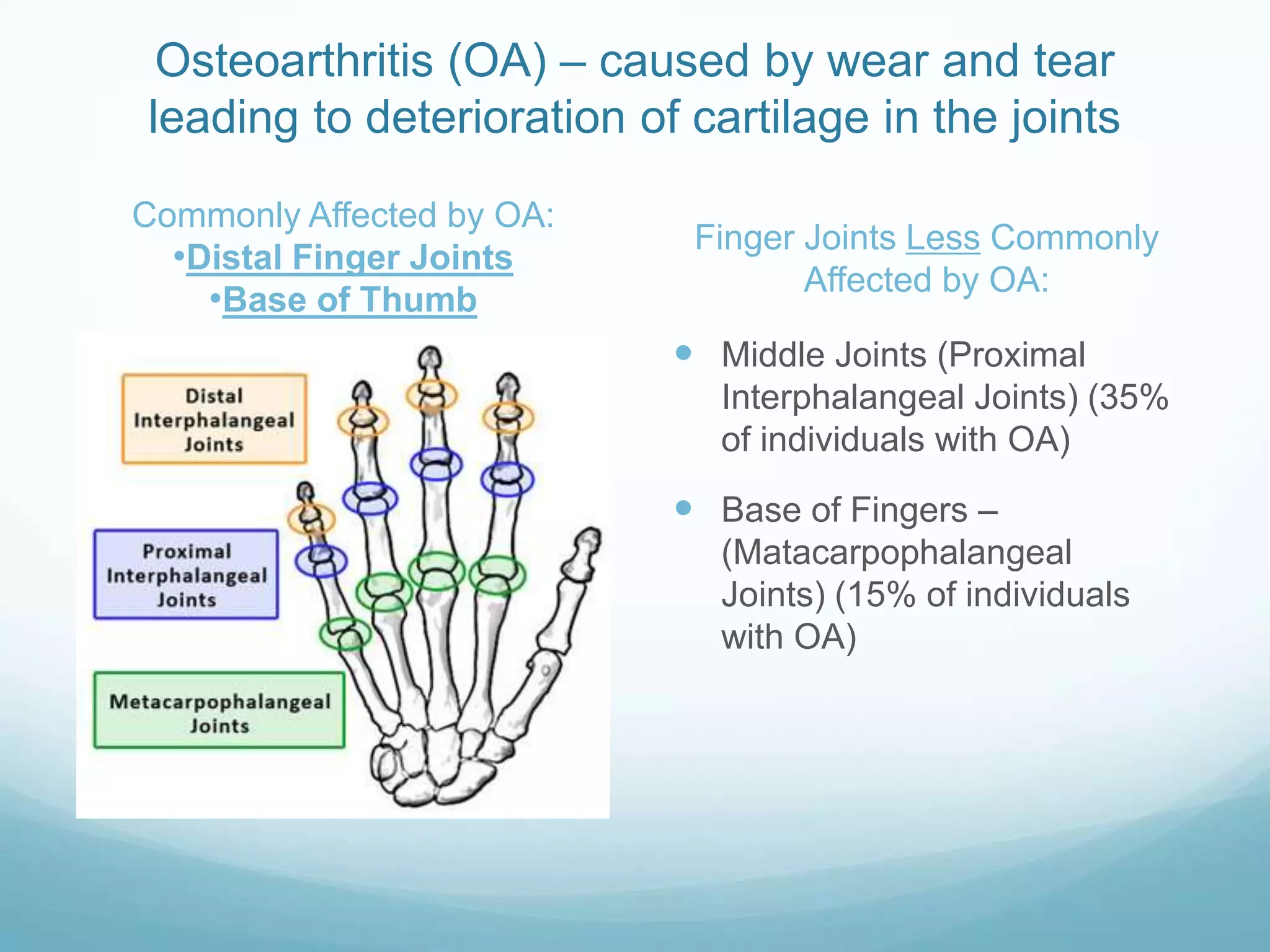 Osteoarthritis (OA) – caused by wear and tear
leading to deterioration of cartilage in the joints

Commonly Affected by OA:
                            Finger Joints Less Commonly
  •Distal Finger Joints
                                   Affected by OA:
    •Base of Thumb
                            Middle Joints (Proximal
                              Interphalangeal Joints) (35%
                              of individuals with OA)
                            Base of Fingers –
                              (Matacarpophalangeal
                              Joints) (15% of individuals
                              with OA)
 