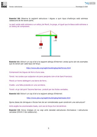 Forces i estructures                                                             Tecnologia 3r ESO




Exercici 10: Observa la següent estructura i digues a quin tipus d’esforços està sotmesa
cadascuna de les seves parts.

La part verda està sotmesa a un esforç de flexió, la groga, al igual que la blava està sotmesa a
un esforç de compressió.




                                                      F´



                                     F




Exercici 11: Dóna-li un cop d’ull a la següent adreça d’Internet i anota quins són els exemples
que és donen per cada tipus de força:

                       http://www.pbs.org/wgbh/buildingbig/lab/forces.html

Compressió:les bigues de ferro d’una casa.

Torsió: les cordes que subjecten els pons penjants com el de Sant Francisco.

Flexió:un home doblegant una barra de ferro.

Cisalla: una falla produïda en una carretera.

Torsió: el gir del pont Tacoma Narrows produït per les fortes ventades.

Exercici 12: Dóna-li un cop d’ull a la següent adreça d’Internet:

                       http://www.pbs.org/wgbh/buildingbig/lab/loads.html

Quina classe de càrregues o forces han de ser considerades quan construïm una estructura?

Amb anglès les anomenades loads, com ara la força d’un terratrèmol.

Exercici 13: Cerca imatges on es vegi amb claredat estructures d’armadura i estructures
carcassa (mínim 3 de cadascuna).




                                                5
 
