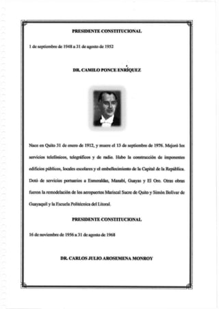 p
PRESIDENTE CONSTITUCIONAL
1 de septiembre de 1948 a 31 de agosto de 1952
DR. CAMILO PONCE ENRIQUEZ
Nace en Quito 31 de enero de 1912, y muere el 13 de septiembre de 1976. Mejoró los
servicios telefónicos, telegráficos y de radio. Hubo la construcción de imponentes
edificios públicos, locales escolares y el embellecimiento de la Capital de la República.
Dotó de servicios portuarios a Esmeraldas, Manabí, Guayas y El Oro. Otras obras
fueron la remodelación de los aeropuertos Mariscal Sucre de Quito y Simón Bolívar de
Guayaquil y la EscuelaPolitécnica del Litoral.
PRESIDENTE CONSTITUCIONAL
16 de noviembre de 1956 a 31 de agosto de 1968
DR. CARLOS JULIO AROSEMENA MONROY
m m
 