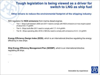 Tough legislation is being viewed as a driver for
switch to LNG as ship fuel
Other drivers to reduce the environmental foo...
