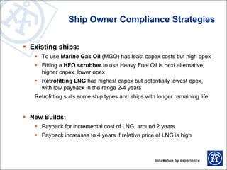 Ship Owner Compliance Strategies
 Existing ships:
 To use Marine Gas Oil (MGO) has least capex costs but high opex
 Fit...