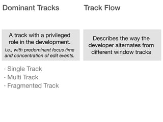 Dominant Tracks Track Flow
A track with a privileged
role in the development. 

i.e., with predominant focus time
and concentration of edit events.
Describes the way the
developer alternates from
diﬀerent window tracks
- Single Track

- Multi Track

- Fragmented Track
 