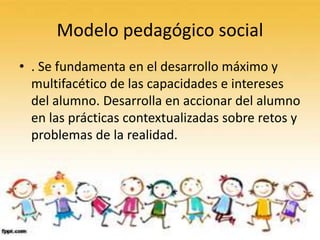 Modelo pedagógico social
• . Se fundamenta en el desarrollo máximo y
multifacético de las capacidades e intereses
del alumno. Desarrolla en accionar del alumno
en las prácticas contextualizadas sobre retos y
problemas de la realidad.
 