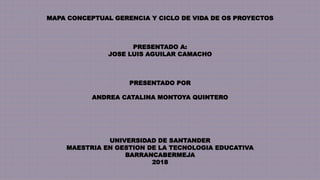MAPA CONCEPTUAL GERENCIA Y CICLO DE VIDA DE OS PROYECTOS
PRESENTADO A:
JOSE LUIS AGUILAR CAMACHO
PRESENTADO POR
ANDREA CATALINA MONTOYA QUINTERO
UNIVERSIDAD DE SANTANDER
MAESTRIA EN GESTION DE LA TECNOLOGIA EDUCATIVA
BARRANCABERMEJA
2018
 