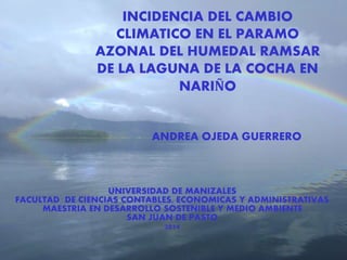 INCIDENCIA DEL 
INCIDENCIA DEL CAMBIO 
CLIMATICO EN EL PARAMO 
CAMBIO 
AZONAL DEL HUMEDAL RAMSAR 
DE LA LAGUNA DE LA COCHA EN 
CLIMATICO EN EL 
PARAMO NARIÑO 
AZONAL 
DEL HUMEDAL 
RAMSAR 
ANDREA OJEDA GUERRERO 
ANDREA OJEDA GUERRERO 
UNIVERSIDAD DE MANIZALES 
FACULTAD DE CIENCIAS CONTABLES, ECONOMICAS Y ADMINISTRATIVAS 
MAESTRIA EN DESARROLLO SOSTENIBLE Y MEDIO AMBIENTE 
SAN JUAN DE PASTO 
2014 
 