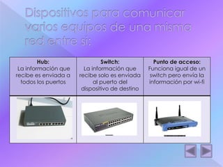 Hub: 
La información que 
recibe es enviada a 
todos los puertos 
Switch: 
La información que 
recibe solo es enviada 
al puerto del 
dispositivo de destino 
Punto de acceso: 
Funciona igual de un 
switch pero envía la 
información por wi-fi 
 
