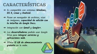 CARACTERÍSTICAS
➔ Es compatible con sistemas Windows,
OS X, Linux y Android.
➔ Posee un navegador de archivos, visor
de imágenes, capacidad de edición con
la interfaz de Google Docs.
➔ Integración con Gmail y Google+.
➔ Los desarrolladores podrán usar Google
Drive para integrar servicios y
aplicaciones web.
➔ Ofrece 15 GB de almacenamiento
gratuito en la nube.
 