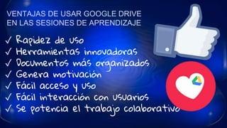 VENTAJAS DE USAR GOOGLE DRIVE
EN LAS SESIONES DE APRENDIZAJE
✓ Rapidez de uso
✓ Herramientas innovadoras
✓ Documentos más organizados
✓ Genera motivación
✓ Fácil acceso y uso
✓ Fácil interacción con usuarios
✓ Se potencia el trabajo colaborativo
 