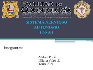 Integrantes :
Andrea Puris
Liliana Valencia
Laura Alva
SISTEMA NERVIOSO
AUTÓNOMO
( SNA )
 