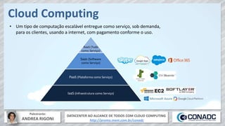 DATACENTER AO ALCANCE DE TODOS COM CLOUD COMPUTING
http://promo.mxm.com.br/conadc
Palestrante:
ANDREA RIGONI
Cloud Computing
• Um tipo de computação escalável entregue como serviço, sob demanda,
para os clientes, usando a internet, com pagamento conforme o uso.
Google Apps
XaaS (Tudo
como Serviço)
Saas (Software
como Serviço)
PaaS (Plataforma como Serviço)
IaaS (Infraestrutura como Serviço)
 