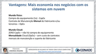 DATACENTER AO ALCANCE DE TODOS COM CLOUD COMPUTING
http://promo.mxm.com.br/conadc
Palestrante:
ANDREA RIGONI
Vantagens: Mais economia nos negócios com os
sistemas em nuvem
Mundo físico:
Compra do equipamento (1x) - CapEx
Contrato de Manutenção Mensal do Fabricante e/ou
terceiros – OpEx
Mundo Cloud:
ZERO CapEx – não há compra de equipamento
Mensalidade Cloud (OpEx) – sem custo de contratos
mensais de manutenção e suporte do fabricante
 