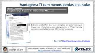 DATACENTER AO ALCANCE DE TODOS COM CLOUD COMPUTING
http://promo.mxm.com.br/conadc
Palestrante:
ANDREA RIGONI
Vantagens: TI com menos perdas e paradas
Redução no tempo de parada dos sistemas em até 72% (Fonte: IDC)
Segurança e estabilidade
Quer ler? http://promo.mxm.com.br/conadc
 