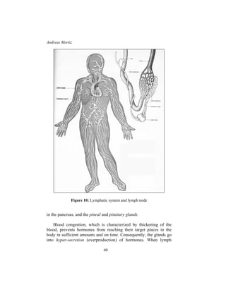 Andreas Moritz
40
Figure 10: Lymphatic system and lymph node
in the pancreas, and the pineal and pituitary glands.
Blood congestion, which is characterized by thickening of the
blood, prevents hormones from reaching their target places in the
body in sufficient amounts and on time. Consequently, the glands go
into hyper-secretion (overproduction) of hormones. When lymph
 