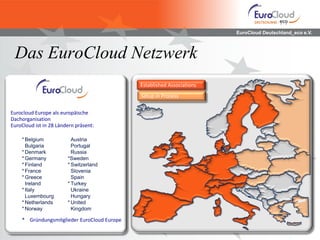 EuroCloud Deutschland_eco e.V.



 Das EuroCloud Netzwerk
                                             Established Associations
                                             Setup in Process

Eurocloud Europe als europäische
Dachorganisation
EuroCloud ist in 28 Ländern präsent:

    * Belgium             Austria
      Bulgaria            Portugal
    * Denmark             Russia
    * Germany           *Sweden
    * Finland           * Switzerland
    * France              Slovenia
    * Greece              Spain
      Ireland           * Turkey
    * Italy               Ukraine
      Luxembourg          Hungary
    * Netherlands       * United
    * Norway              Kingdom

    * Gründungsmitglieder EuroCloud Europe
 