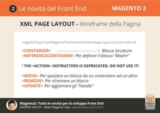 Magento2: Tutte le novità per lo sviluppo Front End
ANDREA SACCA’ - Meet Magento Italy - @andreasacca #mmit15
Le novità del Front End MAGENTO 22
XML PAGE LAYOUT - Wireframe della Pagina
<CONTAINER>	 ------------------------------> Blocco Struttura
<REFERENCECONTAINER> Per definire il blocco “Madre”
! THE <ACTION> INSTRUCTION IS DEPRECATED. DO NOT USE IT!
<MOVE> Per spostare un blocco da un contenitore ad un altro
<REMOVE> Per eliminare un blocco
<UPDATE> Per aggiornare gli “handle”
magento2/app/code/Magento/Theme/view/frontend/page_layout/2columns-left.xml
 