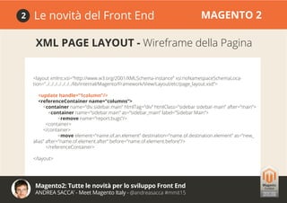 Magento2: Tutte le novità per lo sviluppo Front End
ANDREA SACCA’ - Meet Magento Italy - @andreasacca #mmit15
Le novità del Front End MAGENTO 22
XML PAGE LAYOUT - Wireframe della Pagina
<layout xmlns:xsi=”http://www.w3.org/2001/XMLSchema-instance” xsi:noNamespaceSchemaLoca-
tion=”../../../../../../../lib/internal/Magento/Framework/View/Layout/etc/page_layout.xsd”>
<update handle=”1column”/>
<referenceContainer name=”columns”>
<container name=”div.sidebar.main” htmlTag=”div” htmlClass=”sidebar sidebar-main” after=”main”>
<container name=”sidebar.main” as=”sidebar_main” label=”Sidebar Main”>
		<remove name=”report.bugs”/>
	<container>
</container>
		<move element=”name.of.an.element” destination=”name.of.destination.element” as=”new_
alias” after=”name.of.element.after” before=”name.of.element.before”/>
</referenceContainer>
</layout>
 