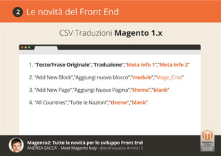Magento2: Tutte le novità per lo sviluppo Front End
ANDREA SACCA’ - Meet Magento Italy - @andreasacca #mmit15
Le novità del Front End2
CSV Traduzioni Magento 1.x
1. “Testo/Frase Originale”,”Traduzione”,”Meta Info 1”,”Meta Info 2”
2. “Add New Block”,”Aggiungi nuovo blocco”,”module”,”Mage_Cms”
3. “Add New Page”,”Aggiungi Nuova Pagina”,”theme”,”blank”
4. “All Countries”,”Tutte le Nazioni”,”theme”,”blank”
 