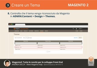 Magento2: Tutte le novità per lo sviluppo Front End
ANDREA SACCA’ - Meet Magento Italy - @andreasacca #mmit15
8. Controlla che il tema venga riconosciuto da Magento
in ADMIN:Content > Design > Themes.
Creare un Tema MAGENTO 23
 