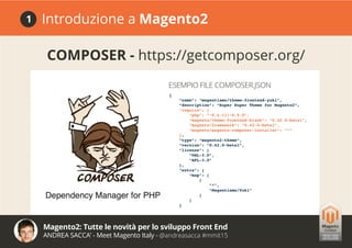 Magento2: Tutte le novità per lo sviluppo Front End
ANDREA SACCA’ - Meet Magento Italy - @andreasacca #mmit15
Introduzione a Magento21
COMPOSER - https://getcomposer.org/
{
“name”: “magentiamo/theme-frontend-yuki”,
“description”: “Super Duper Theme for Magento2”,
“require”: {
“php”: “~5.4.11|~5.5.0”,
“magento/theme-frontend-blank”: “0.42.0-beta1”,
“magento/framework”: “0.42.0-beta1”,
“magento/magento-composer-installer”: “*”
},
“type”: “magento2-theme”,
“version”: “0.42.0-beta1”,
“license”: [
“OSL-3.0”,
“AFL-3.0”
],
“extra”: {
“map”: [
[
“*”,
“Magentiamo/Yuki”
]
]
}
ESEMPIO FILE COMPOSER.JSON
 