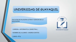 FACULTAD DE FILOSOFIA LETRASY CIENCIAS DE LA
EDUCACION
UNIVERSIDAD DE GUAYAQUIL
CARRERA = INFORMATICA ( SEMESTRAL )
NOMBRE DEL ALUMNO = ANDREA SANTOS
CURSO = A 1
 