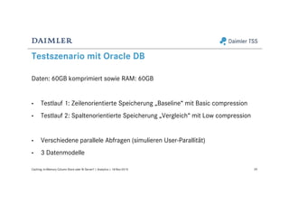 Testszenario mit Oracle DB
Daten: 60GB komprimiert sowie RAM: 60GB
• Testlauf 1: Zeilenorientierte Speicherung „Baseline“ mit Basic compression
• Testlauf 2: Spaltenorientierte Speicherung „Vergleich“ mit Low compression
• Verschiedene parallele Abfragen (simulieren User-Parallität)
• 3 Datenmodelle
29Caching: In-Memory Column Store oder BI Server? | Analytics | 18-Nov-2015
 