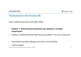 Testszenario mit Oracle DB
Daten: 60GB komprimiert sowie RAM: 60GB
• Testlauf 1: Zeilenorientierte Speicherung „Baseline“ mit Basic
compression
• Testlauf 2: Spaltenorientierte Speicherung „Vergleich“ mit Low compression
• Verschiedene parallele Abfragen (simulieren User-Parallität)
• 3 Datenmodelle
33Caching: In-Memory Column Store oder BI Server? | Analytics | 18-Nov-2015
 