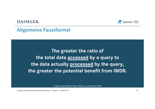 Allgemeine Faustformel
The greater the ratio of
the total data accessed by a query to
the data actually processed by the query,
the greater the potential benefit from IMDB.
Quelle: Oracle White Paper: When to use Oracle IMDB
43Caching: In-Memory Column Store oder BI Server? | Analytics | 18-Nov-2015
 