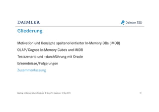 Gliederung
Motivation und Konzepte spaltenorientierter In-Memory DBs (IMDB)
OLAP/Cognos In-Memory Cubes und IMDB
Testszenario und –durchführung mit Oracle
Erkenntnisse/Folgerungen
Zusammenfassung
51Caching: In-Memory Column Store oder BI Server? | Analytics | 18-Nov-2015
 