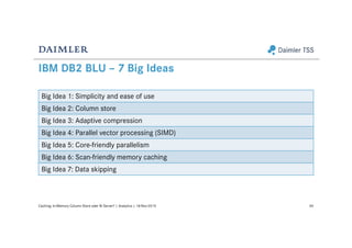IBM DB2 BLU – 7 Big Ideas
64Caching: In-Memory Column Store oder BI Server? | Analytics | 18-Nov-2015
Big Idea 1: Simplicity and ease of use
Big Idea 2: Column store
Big Idea 3: Adaptive compression
Big Idea 4: Parallel vector processing (SIMD)
Big Idea 5: Core-friendly parallelism
Big Idea 6: Scan-friendly memory caching
Big Idea 7: Data skipping
 
