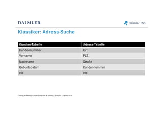 Klassiker: Adress-Suche
Kunden-Tabelle Adress-Tabelle
Kundennummer Ort
Vorname PLZ
Nachname Straße
Geburtsdatum Kundennummer
etc etc
Caching: In-Memory Column Store oder BI Server? | Analytics | 18-Nov-2015
 