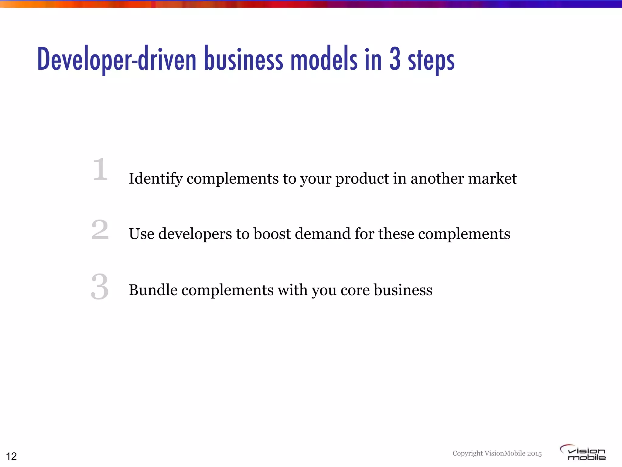 Copyright VisionMobile 2015
Developer-driven business models in 3 steps
12
Identify complements to your product in another market
Use developers to boost demand for these complements
Bundle complements with you core business
1
2
3
 